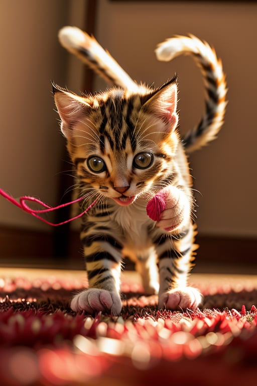 A close-up shot of a playful kitten, mid-action, with bright, warm lighting. The kitten is focused, its tiny paws batting a colorful ball of yarn across a soft, textured rug. The background is slightly blurred, emphasizing the kitten's playful expression and the motion of the yarn. The composition captures the kitten's curiosity and energy, with the yarn creating a dynamic, swirling pattern.