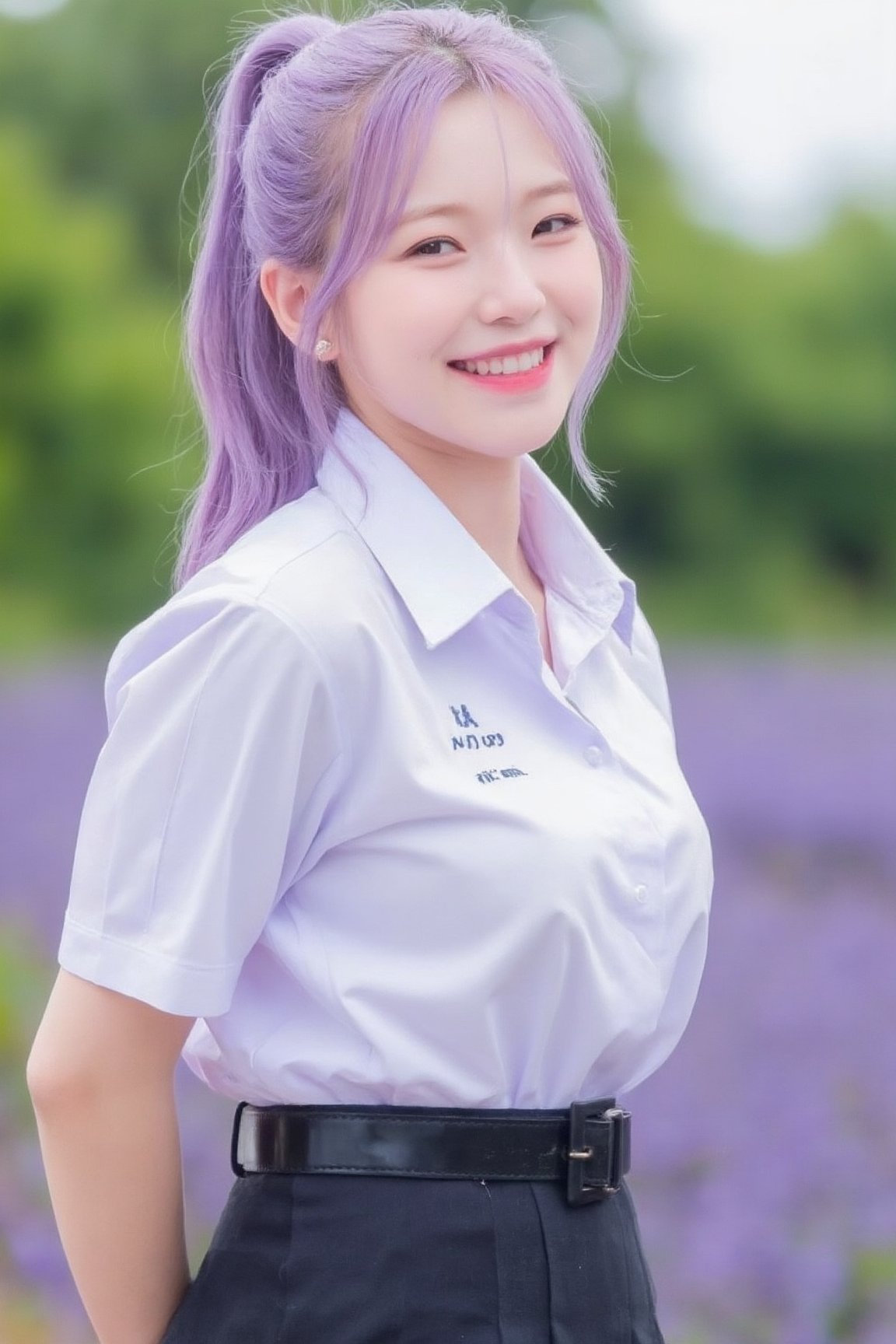 Jiheyo beautiful Korean girl wearing Thai high school uniform, light purple ponytail,white short sleeve shirt, 'AI-SARD' logo on shirt ,black pleated skirt, black belt , small waist , smile with teeth, open mouth , bokeh, hands behind pose, on the lavender field, shoulder shot