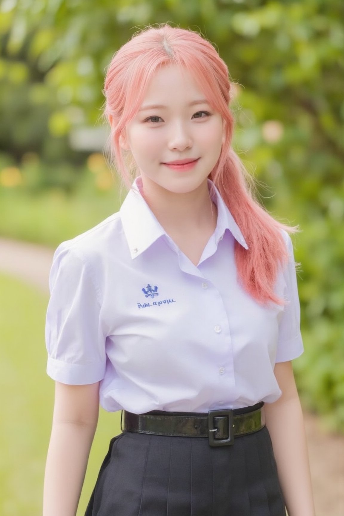 Jiheyo in Thai high school uniform, pink ponytail,white short sleeve shirt,black pleated skirt , smile, bokeh