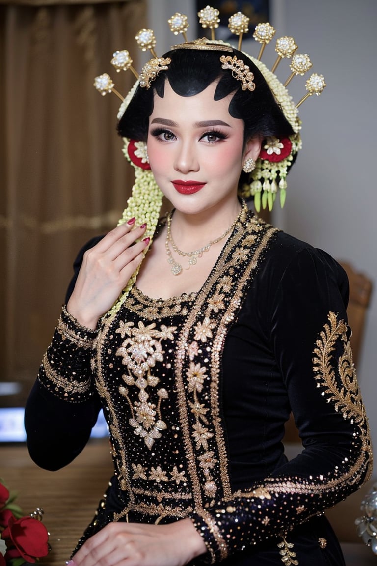 1girl, solo, looking at viewer, smile, black hair, hair ornament, long sleeves, dress, jewelry, closed mouth, upper body, flower, necklace, blurry, black eyes, lips, makeup, blurry background, lipstick, realistic, red lips, pearl necklace,bulan