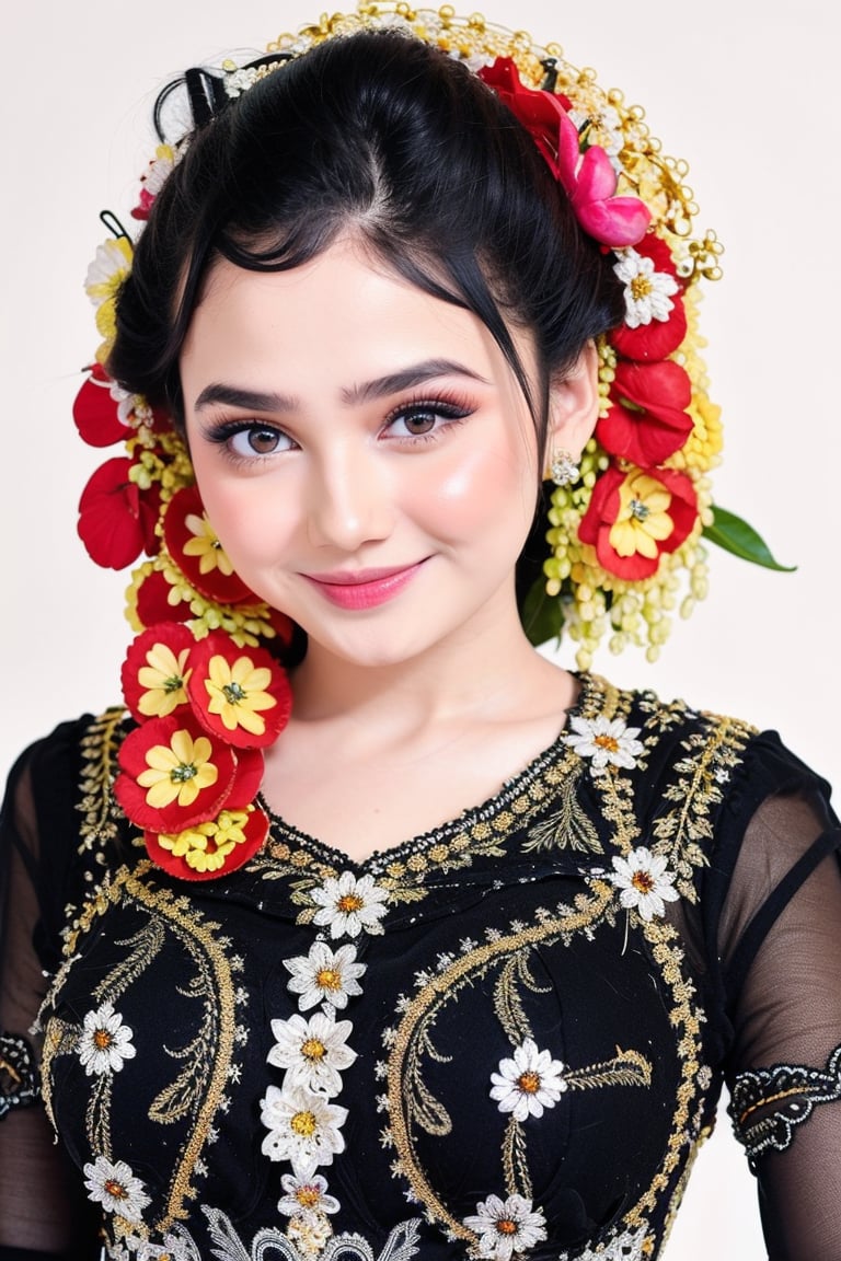 1girl, solo, smile, simple background, black hair, hair ornament, long sleeves, white background, dress, closed mouth, upper body, flower, hair flower, lips, red dress, lace, realistic