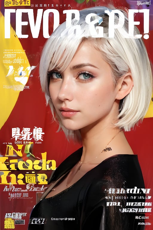 1girl, solo, upper body, white hair, lips, traditional media, reality, pop idol magazine, title font "New Lora Is Coming", attractive cover with beauty characters,jpop cover 80s,金髮熟女的笑容