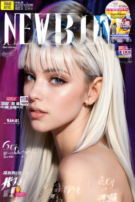 1girl, solo, upper body, white hair, lips, traditional media, reality, pop idol magazine, title font "New Lora Is Coming", attractive cover with beauty characters,jpop cover 80s,金髮熟女的笑容