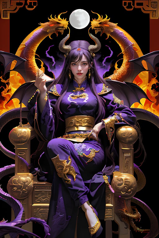 1 girl, long hair, black hair, Qing Dynasty aristocratic female hair accessories are very gorgeous, covered with various gems and gold, sitting on a dragon chair, dragon, dragon tail, scales, behind there is a purple oriental dragon, huge dragon wings , black dragon horns, sharp claws, grasping this purple-light night pearl, red sky, black clouds, gorgeous red background, with gold-rimmed embroidered phoenix Hanfu, long sleeves with black water on the cuffs, the moon, a palace full of flames, buildings, East Asian Architecture Forbidden City, Oriental Dragon, Empress Dowager Cixi, purple eyes, luminous pearls on the palm covered with purple flames, surrounded by a large number of golden jewels, the whole body is filled with purple evil spirit, nodf_lora
(Long straight purple hair, with bangs), (obviously purple eyes)