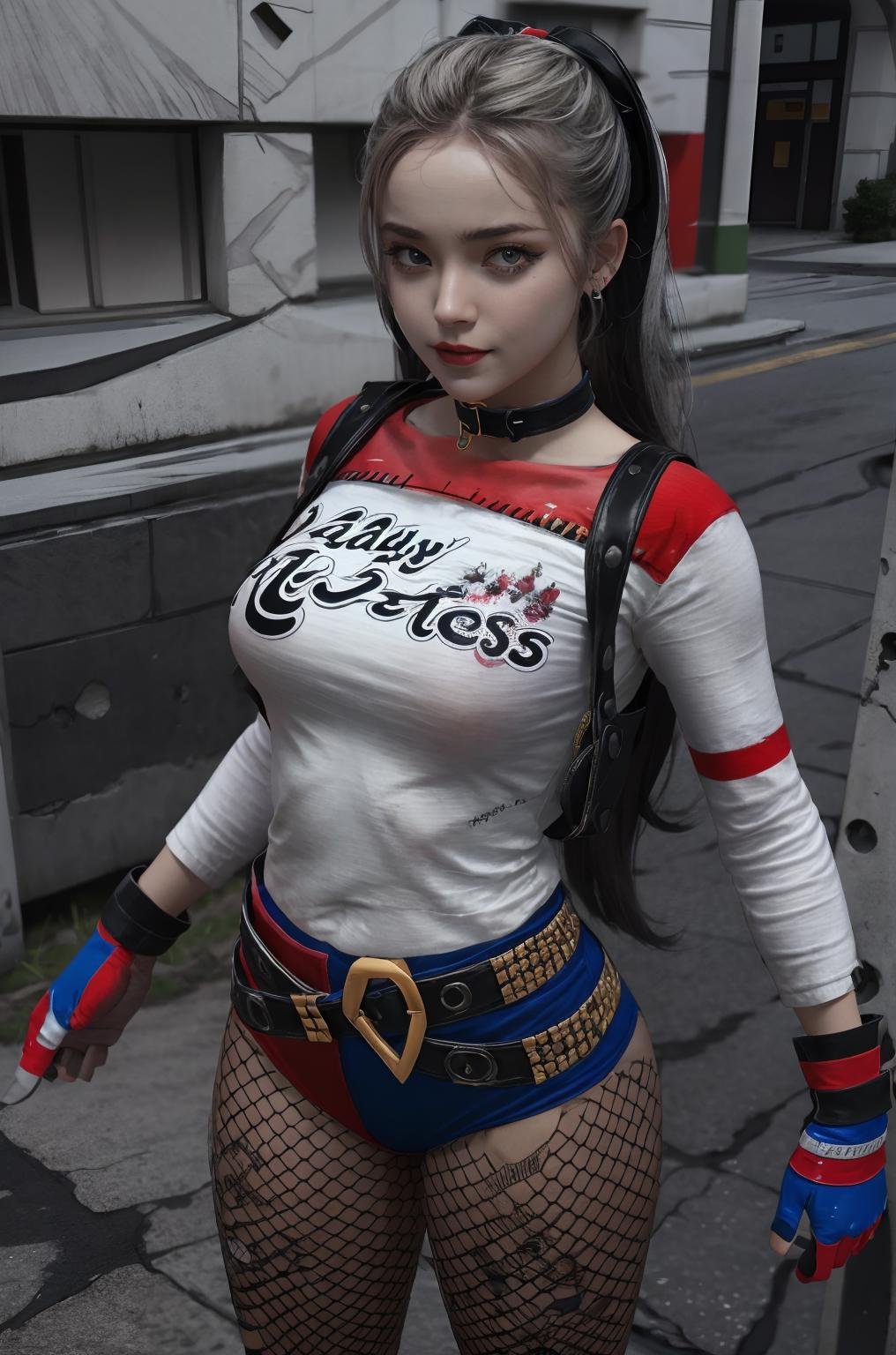 masterpiece,best quality,ultra detailed,1 girl,solo,hip up,no make up,long hair,beautiful face,Harley_Quinn_outfit,fishnet pantyhose,choker,gloves,accessories,street,<lora:Harley_Quinn_outfit:0.7>,