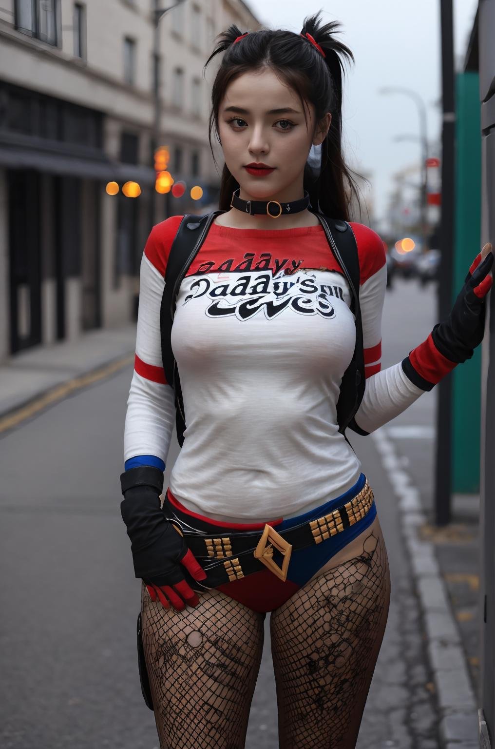 masterpiece,best quality,ultra detailed,1 girl,solo,hip up,no make up,long hair,beautiful face,Harley_Quinn_outfit,fishnet pantyhose,choker,gloves,accessories,street,<lora:Harley_Quinn_outfit:0.7>,