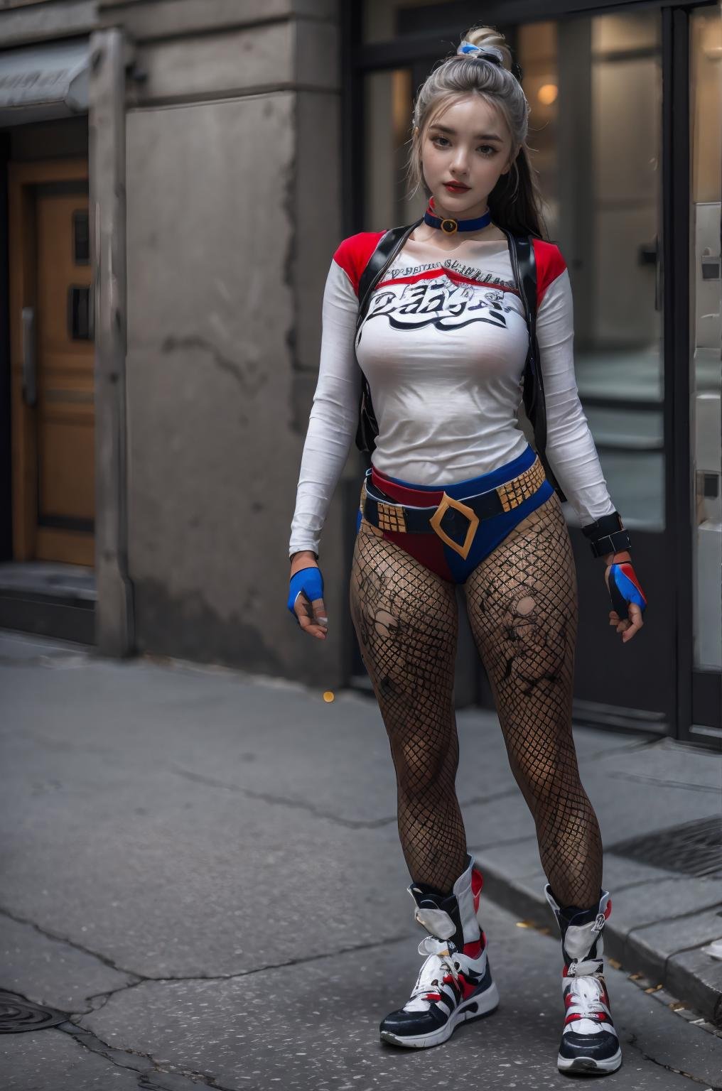 masterpiece,best quality,ultra detailed,1 girl,solo,full body,no make up,long hair,beautiful face,Harley_Quinn_outfit,fishnet pantyhose,choker,sneakers,accessories,street,<lora:Harley_Quinn_outfit:0.8>,<lora:ntmix1:0.6>,