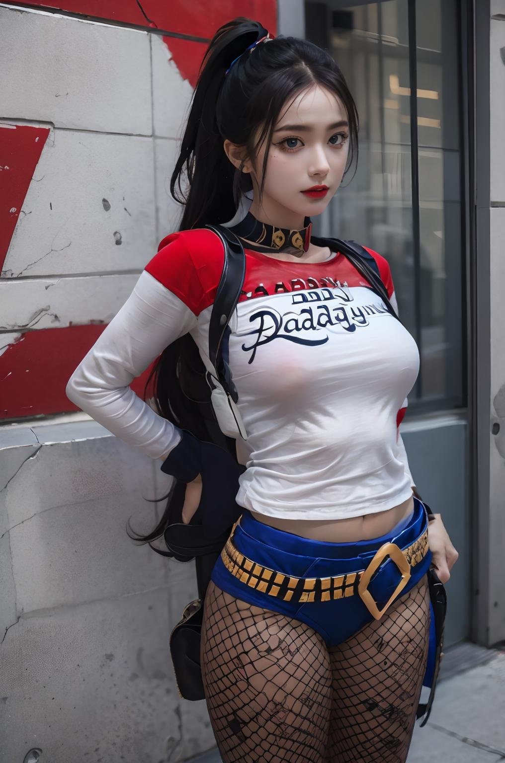 masterpiece,best quality,ultra detailed,1 girl,solo,hip up,no make up,long hair,Harley_Quinn_outfit,fishnet pantyhose,accessories,street,<lora:9mix:0.5>,<lora:Harley_Quinn_outfit:0.7>,