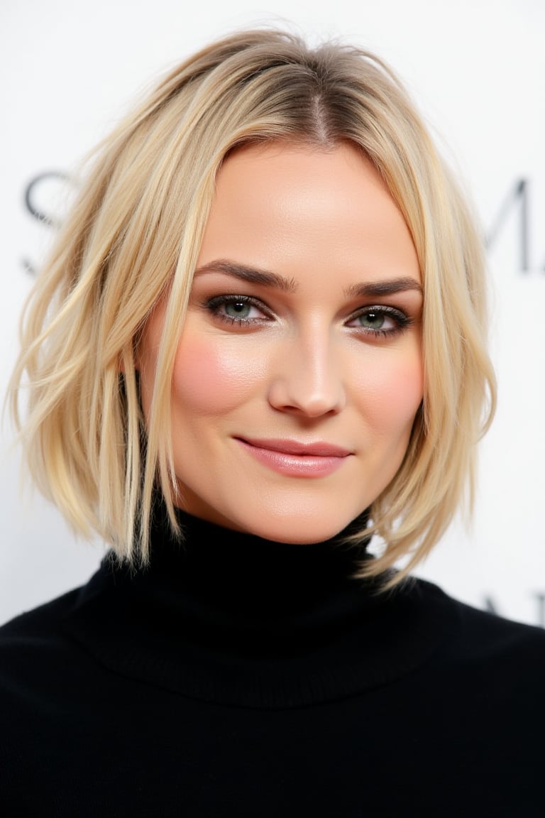 woD14n3Kru with bob cut hair with blonde highlights. White background, perfect illumination, her eyes are gorgeous, She has a slight smile on her face while looking at the camera. She is wearing a black turtleneck sweater that gives a nice constrast with her skin and background color