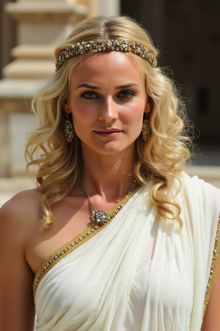 A photograph of woD14n3Kru dressed in a classical Greek style of clothing. She has long, curly blonde hair adorned with a decorative headpiece and wreath. The woman is wearing a white garment with gold trim and embellishments, which suggests a toga or similar type of draped fabric. She is also wearing a necklace with a pendant and large earrings. The background is not clearly visible, but it is an outdoor setting with a hint of architectural features, indicating a historical or classical setting