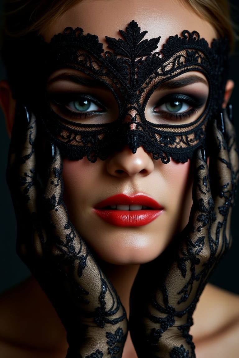 A close-up portrait of woD14n3Kru, with an elegant and mysterious appearance. The central focus is on her face, which is partially obscured by a delicate, intricate black lace mask that covers her eyes and upper face. The mask is ornate, with swirling patterns that add a sense of drama and allure. Her lips are painted a vibrant, glossy shade of coral, standing out against skin color. The makeup on her eyes is smoky, with dark eyeshadow blending seamlessly into countors of her eyes, adding depth and intensity to her gaze. She is wearing matching black lace gloves, which she holds delicately against her face, adding to the sensual and enigmatic atmosphere of the image. The gloves have floral pattern that complements the design of the mask. The overall tone of the image is dark and sophisticated, with a soft light highlighting her skin and the details of the lace. The background is dark, which further emphasizes her face and the intricate lacework. The image evokes a sense of mystery, elegance, and allure.