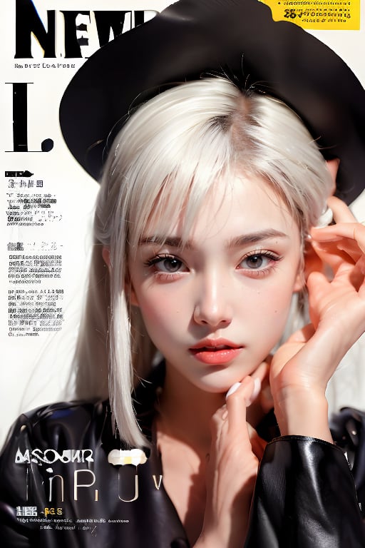 1girl, solo, upper body, white hair, lips, traditional media, reality, pop idol magazine, title font "New Lora Is Coming", attractive cover with beauty characters,jpop cover 80s,民國時期的穿著