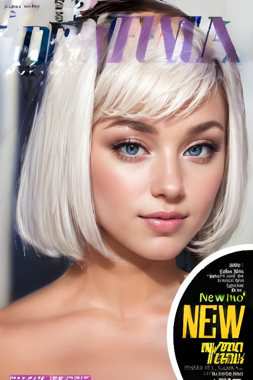 1girl, solo, upper body, white hair, lips, traditional media, reality, pop idol magazine, title font "New Lora Is Coming", attractive cover with beauty characters,jpop cover 80s,東南亞混血美女