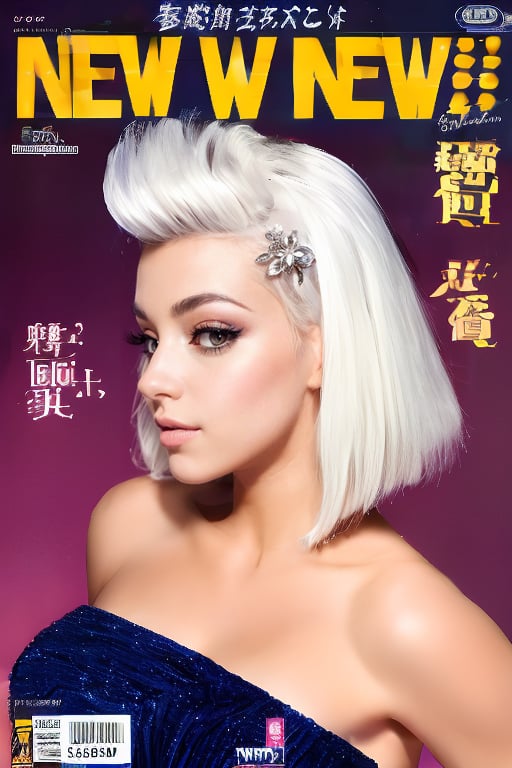 1girl, solo, upper body, white hair, lips, traditional media, reality, pop idol magazine, title font "New Lora Is Coming", attractive cover with beauty characters,jpop cover 80s,東南亞混血美女