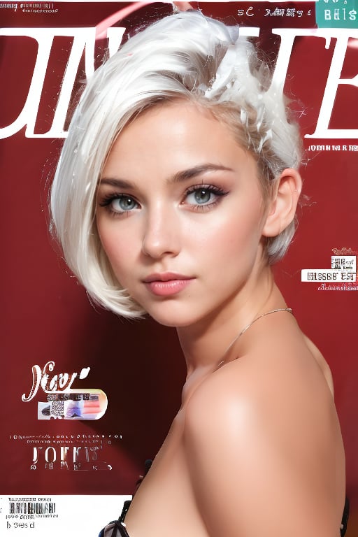 1girl, solo, upper body, white hair, lips, traditional media, reality, pop idol magazine, title font "New Lora Is Coming", attractive cover with beauty characters,jpop cover 80s,東南亞混血美女