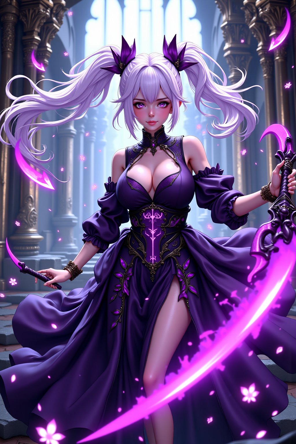 a 3d anime illustration of a beautiful woman wearing a black and purple dress, white twintail hair, (wielding a purple scythe in attacking pose:1.2), castleroom in background, HD, masterpiece, best quality, hyper detailed, ultra detailed,