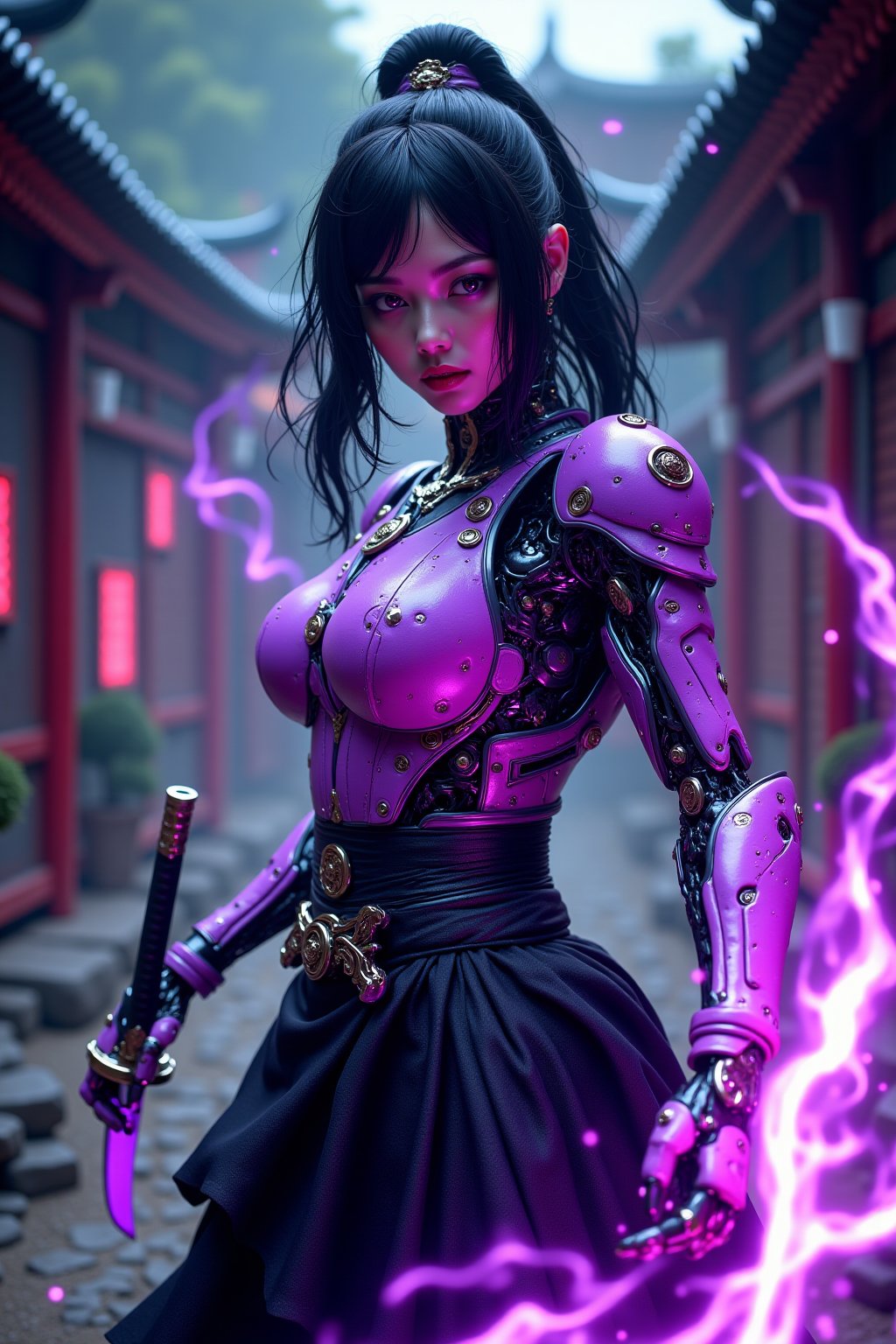 A cinematic shot of a beautiful asian female cyborg, detailed face features, black hair, robotic arms, robotic legs, holding a purple glowing katana by the handle in attacking pose, purple fire around the katana blade, best quality, amazing details, temple in background, fsstyle, hkwarrior  