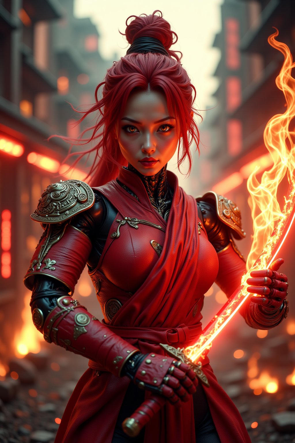 A cinematic shot of a beautiful asian female cyborg, detailed face features, red hair, robotic arms, robotic legs, holding a red flaming  katana by the handle in attacking pose, fire around the katana blade, best quality, perfect hands with five fingers, amazing details, burning buildings in background, fsstyle, hkwarrior