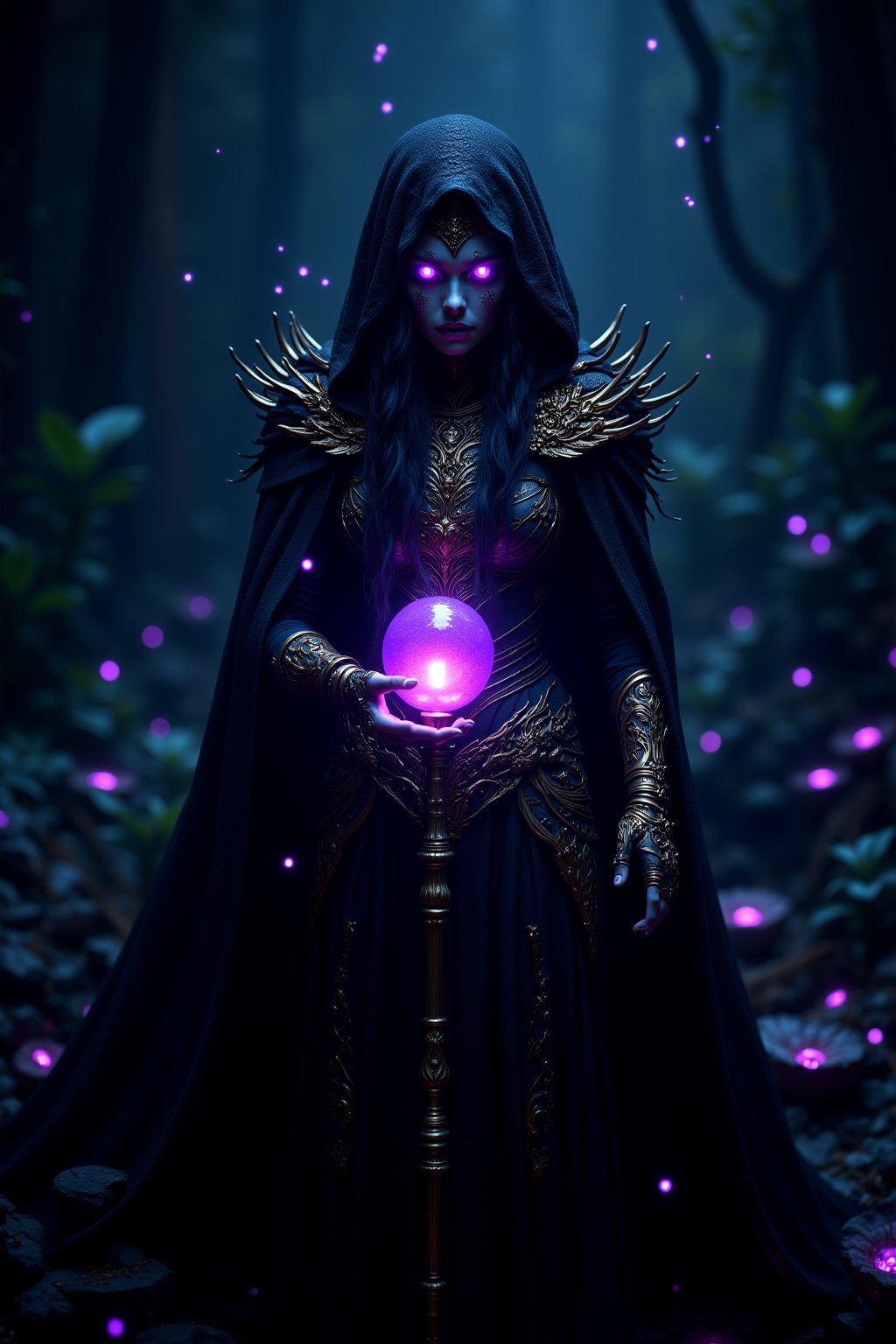 Cinematic full body shot of an ancient female witch with purple glowing eyes, super detailed face features, adorned in intricate gold armor and black cloak and hood, holding a purple orbstaff, illuminated by the soft glow from bioluminescent plants, with shimmering particles floating around her, creating a magical ambiance. The background is darkened to highlight her features, and she exudes both power and elegance. hkevil, masterpiece, best quality, highly detailed, sharp focus, dynamic lighting, fsstyle  