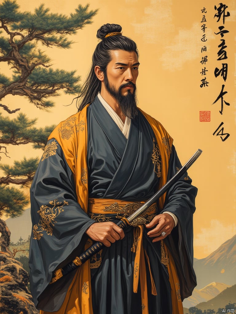 OBguofeng,This is a digital illustration in a traditional Japanese style, depicting a samurai. The subject, a man with a serious expression, has long, dark hair tied in a topknot, and a thick, well-groomed beard. He is dressed in a traditional samurai outfit, consisting of a dark blue kimono with intricate gold patterns, a matching blue hakama (trousers), and a yellow obi (sash) with gold accents. His kimono is adorned with a large, elaborate gold brooch. He holds a katana in his right hand, the sword's sheath adorned with gold and black details, suggesting a high level of craftsmanship. The background features a serene, golden-toned landscape with a single, tall, green pine tree on the left side, and rolling hills in the distance, painted with soft, textured brushstrokes that evoke a sense of tranquility. To the right of the samurai, there is a vertical text in black Japanese calligraphy, which translates to "The Way of the Samurai." The image exudes a sense of honor, tradition, and strength, capturing the essence of Japanese culture and warrior spirit.