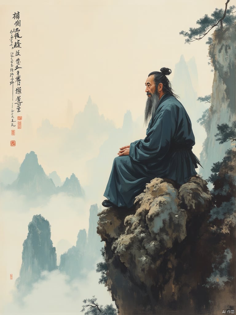 OBguofeng,This is a digital painting depicting an elderly man with a contemplative expression, seated on a rocky outcrop overlooking a misty mountain landscape. The man has a long, flowing beard and is dressed in traditional Chinese attire, characterized by a dark blue, long-sleeved robe with a slightly loose fit. His hair is styled in a topknot, and he appears to be in deep thought, with his hands resting on his lap. The background is a serene, ethereal scene of mist-shrouded mountains and distant, partially obscured peaks. The mist is rendered in soft, subtle shades of blue and gray, creating a dreamy, almost mystical atmosphere. The rocky outcrop he sits on is detailed with rough textures and varying shades of brown, indicating a rugged, natural environment. To the left of the man, there is a vertical scroll with traditional Chinese calligraphy, written in black ink with small red seals at the bottom. The calligraphy adds a cultural and symbolic element to the scene. The overall style of the painting is realistic with a touch of traditional Chinese ink painting techniques, emphasizing the tranquility and introspection of the subject.