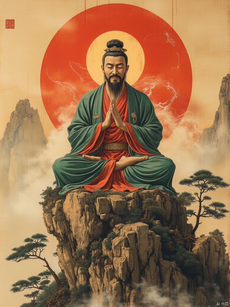 OBguofeng,This is a detailed, digital illustration of a Buddhist monk meditating on a rocky cliff. The monk is depicted in a serene pose, seated cross-legged with his eyes closed, hands in a mudra position, and a gentle smile on his face. He has a well-groomed beard and mustache, and his hair is styled in a traditional topknot. The monk wears a flowing, green robe with red trim, which drapes elegantly around his body. The background is a gradient of soft beige and brown hues, creating a sense of depth and tranquility. A large, glowing red circle is behind the monk's head, representing the halo of enlightenment. Surrounding the monk are wispy, white clouds that blend into the background, adding a mystical, ethereal atmosphere. To the left and right of the monk, there are pine trees with lush, green foliage, perched precariously on the rocky cliff. The texture of the rocks is detailed, showing their rugged, uneven surfaces. In the upper left corner, there is a small, rectangular red seal, adding a traditional touch to the digital artwork. The overall style of the illustration is a blend of traditional East Asian art and modern digital techniques, emphasizing the spiritual and serene nature of the