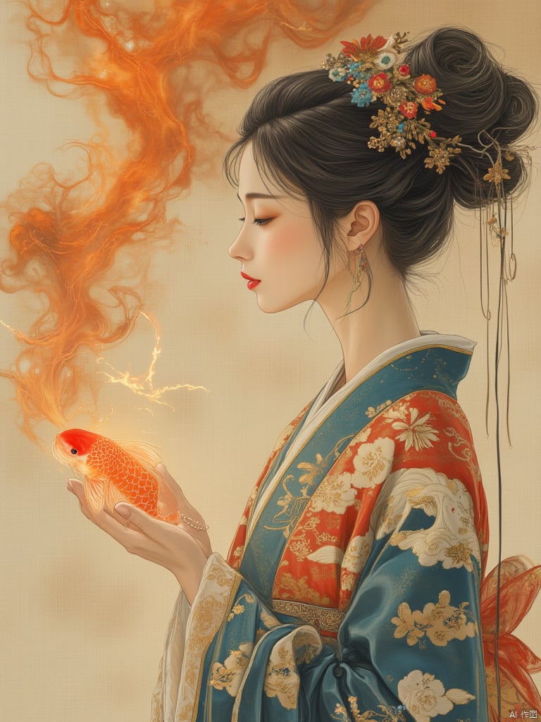 OBguofeng,This is a highly detailed, digital illustration depicting a serene Asian woman in traditional Japanese attire. The woman has a fair complexion and delicate features, with her eyes closed, giving a sense of contemplation or meditation. Her dark hair is styled in an elaborate updo, adorned with intricate floral hairpins and gold ornaments. She wears a traditional kimono, predominantly in shades of blue, gold, and white, featuring intricate, swirling patterns reminiscent of clouds or waves.In her right hand, she holds a small, delicate koi fish that appears to be glowing with a warm, ethereal light. The fish is depicted in vivid, lifelike detail, with its scales shimmering in shades of orange and red. Surrounding the fish is a cloud of soft, wispy, orange smoke or mist, adding an element of mysticism to the scene.The background is a neutral, beige canvas, which contrasts with the vivid colors of the woman's attire and the glowing fish, making them stand out prominently. The illustration is highly detailed, with a focus on textures and subtle shading, creating a rich, almost three-dimensional effect. The overall style is a blend of traditional Japanese art with modern digital techniques, emphasizing both realism and an ethereal, dreamlike quality.