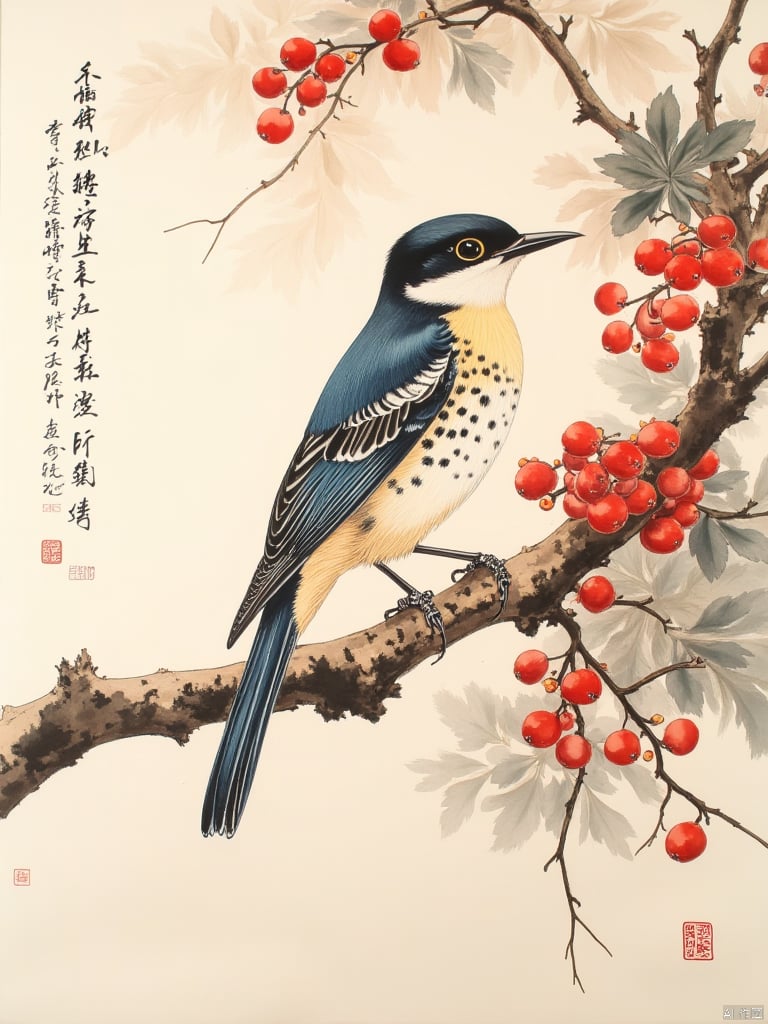 OBguofeng,This image is a highly detailed, realistic watercolor painting of a bird perched on a tree branch. The bird, likely a species of warbler, has a striking appearance with a blue back, wings, and tail, contrasting with a white underbelly adorned with black spots. Its head is black with a distinctive white patch on the forehead, and it has a long, pointed beak. The bird's eyes are large and black, giving it an alert expression. The tree branch it is perched on is brown and textured with a rough, bark-like surface. It is adorned with clusters of small, bright red berries, adding a pop of color to the otherwise muted tones of the painting. The background is a soft, cream-colored wash that subtly highlights the bird and branch, making them the focal points. On the left side of the image, there is a vertical column of Chinese calligraphy in black ink, adding a cultural and artistic element to the composition. The brushstrokes in the calligraphy are delicate and flowing, typical of traditional Chinese art. The overall style of the painting is meticulous and detailed, capturing the natural beauty of the bird and its surroundings with great precision.