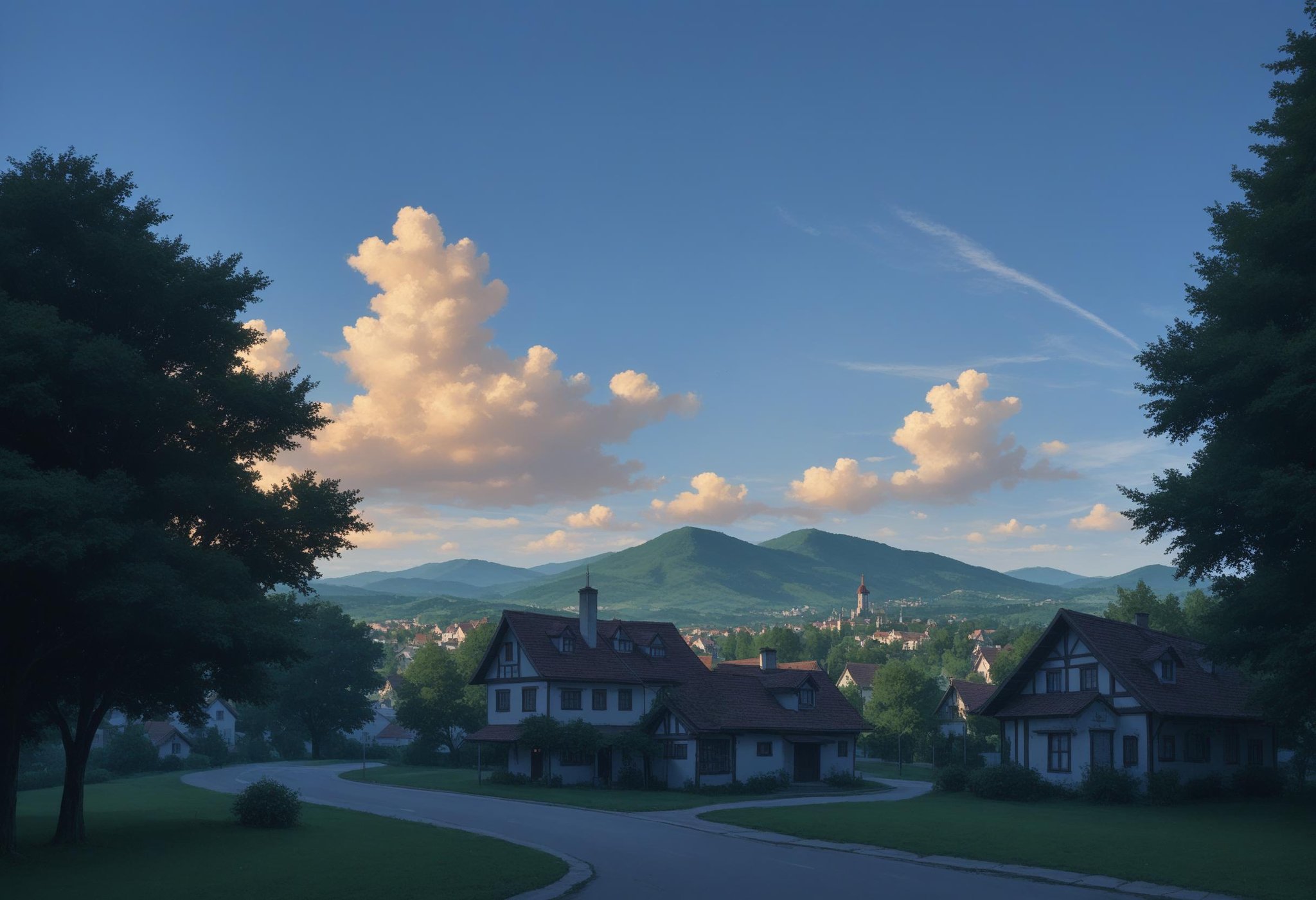 score_9, score_8_up, score_7_up, blue sky, cloud, cloudy sky, night, outdoors, scenery, sky, tree, hills, europe, no humans, source_cartoon, source_anime, houses, sunset, vibrant colors, high contrast,<lora:sc3nery:0.7>