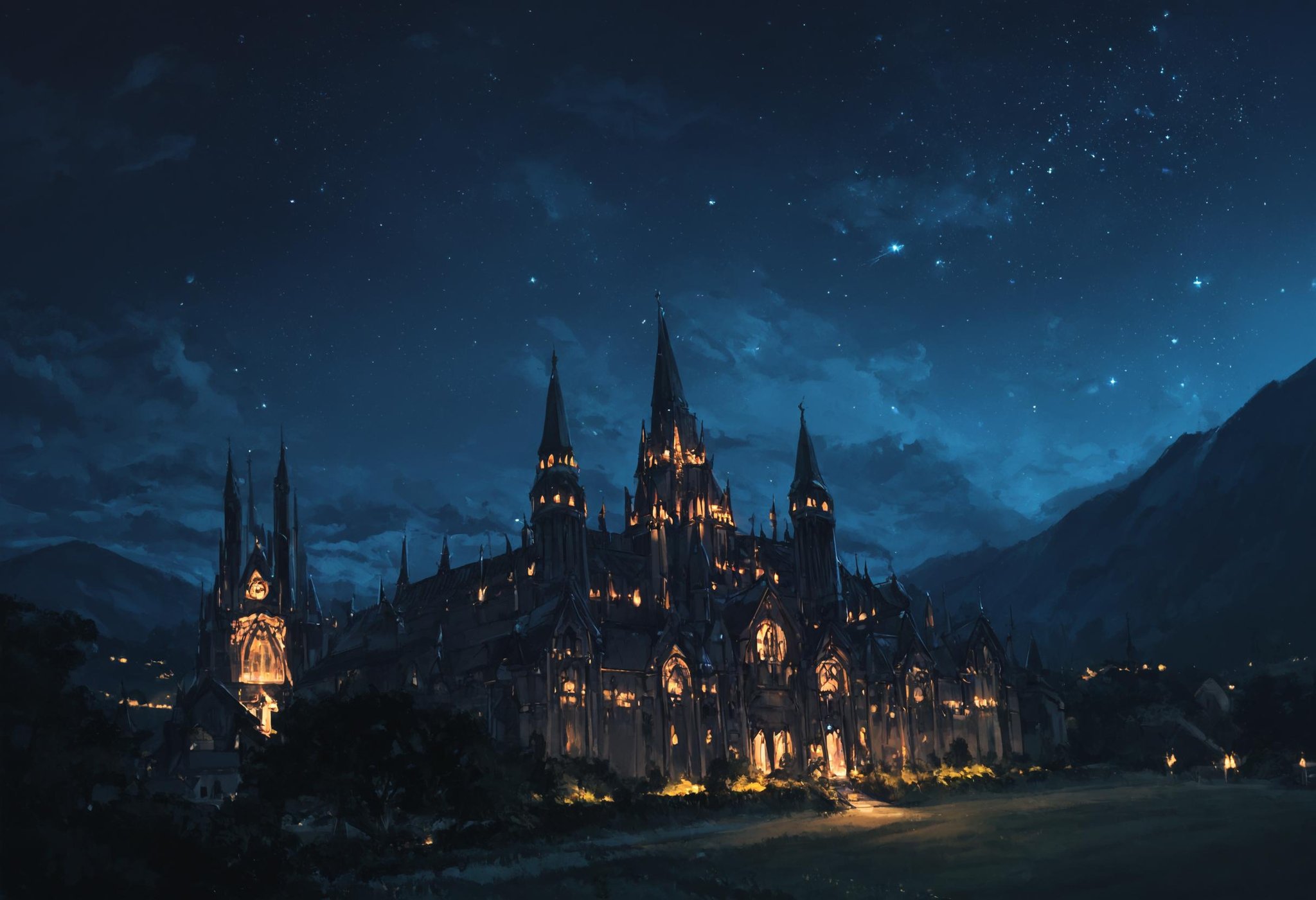 score_9, score_8_up, score_7_up, basin, at night, starry sky, cloud, cloudy sky, night, high contrast, landscape, modern architecture, (gothic cathedral, gothic architecture:1.4), mountains, brutalist architecture, european architecture, european, <lora:ScenicHorizonsV2:1>, sc3nery,