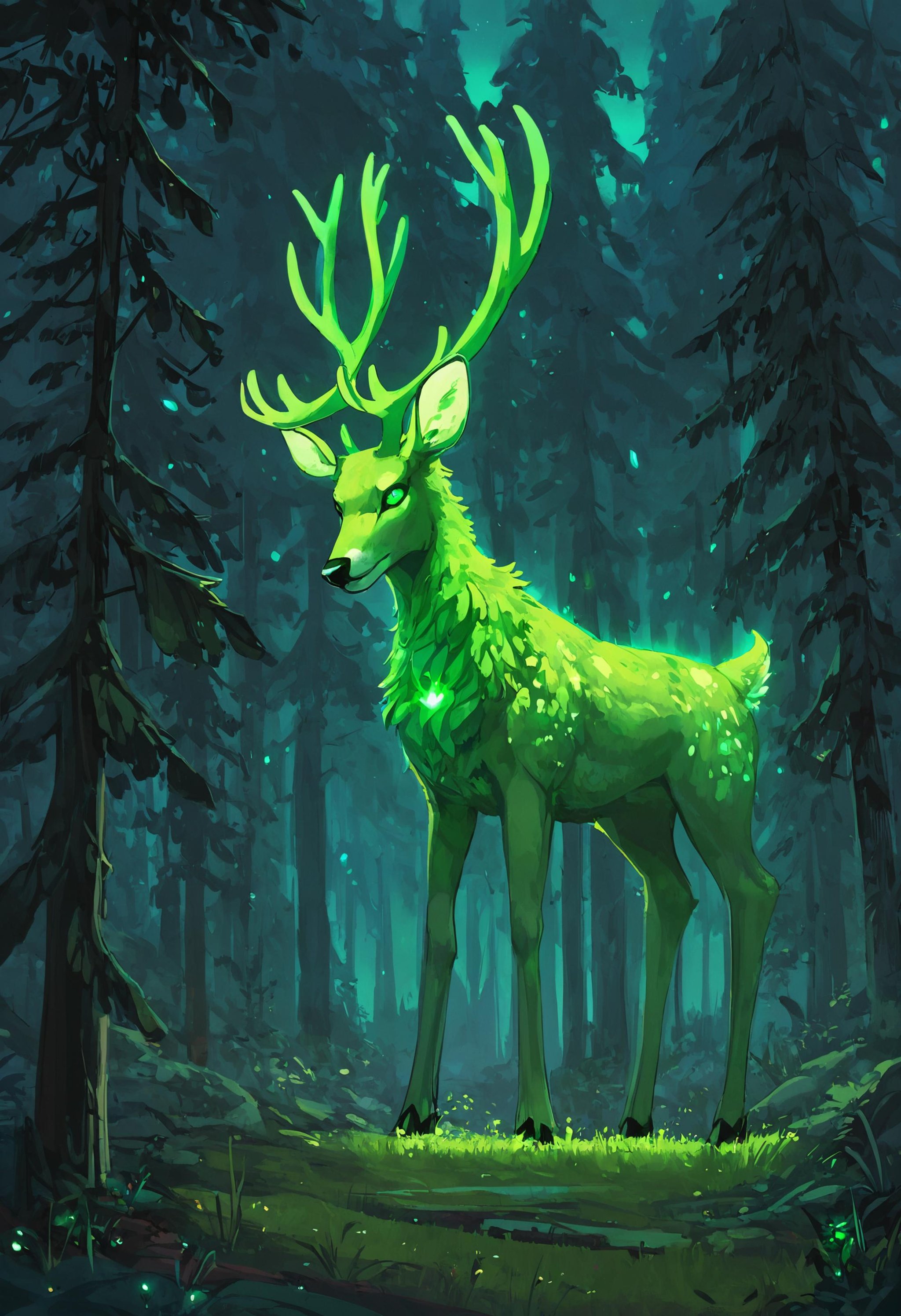 score_9, score_8_up, score_7_up, outdoors, scenery, forest, (a giant deer monster with glowing green antlers, green glowing deer, bioluminescence:1.4), vibrant colors, high contrast, tree, <lora:ScenicHorizonsV2:1>,