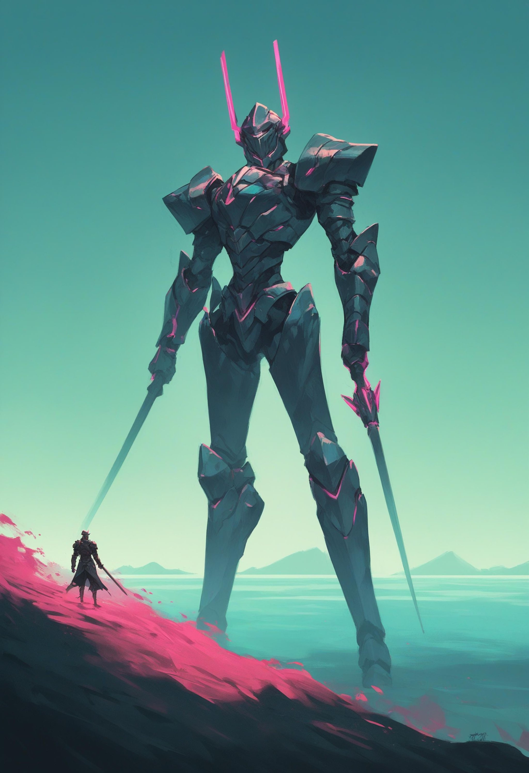 score_9, score_8_up, score_7_up, score_6_up, score_5_up, score_4_up, BREAK tall slim girl, armor, helmet, holding weapon, high contrast, vibrant colors, a giant mechanical knight in the distance, <lora:ScenicHorizonsV2:1>, high contrast, vibrant colors, scenery,