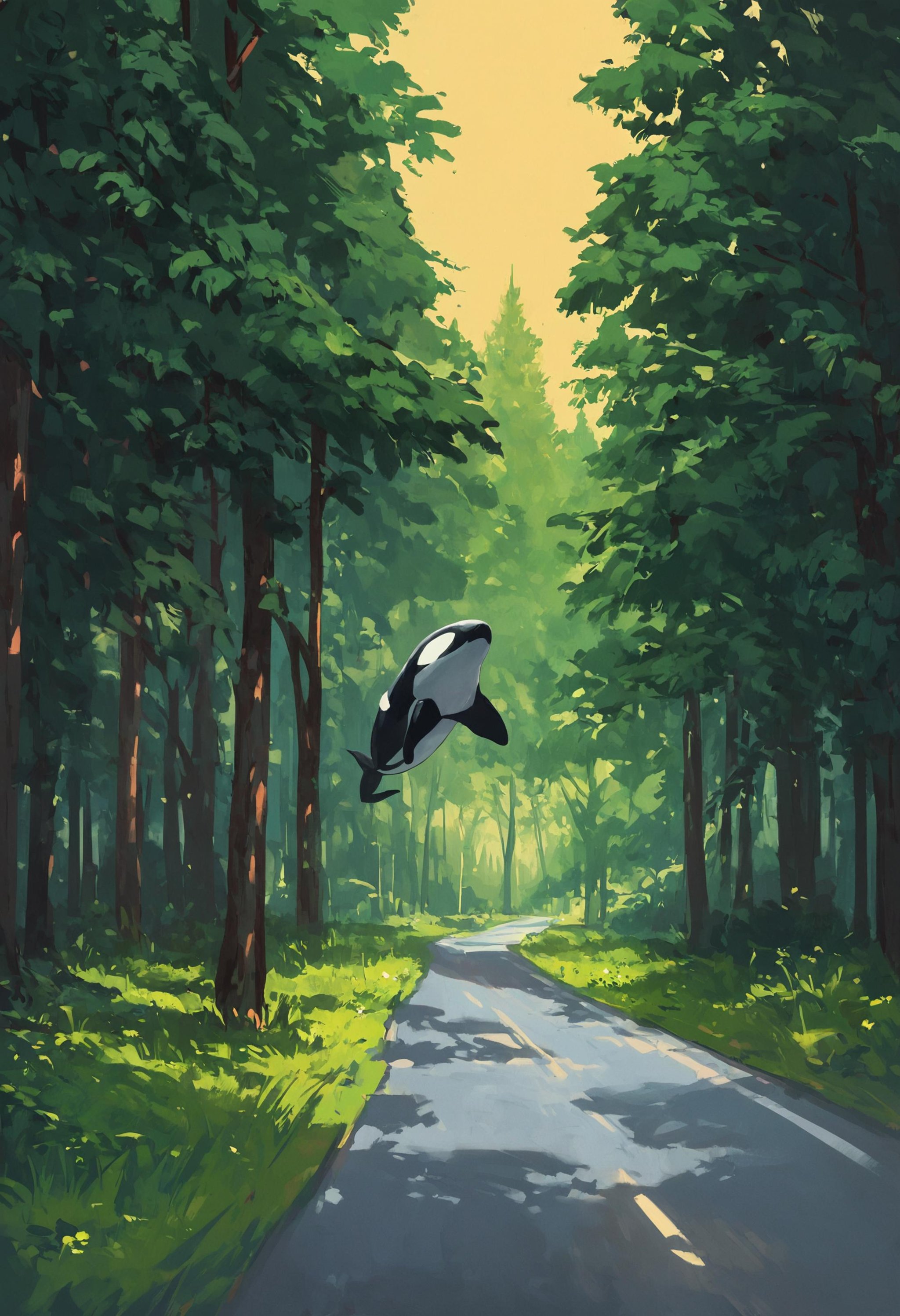 score_9, score_8_up, score_7_up, outdoors, scenery, forest, (a large orca swimming in the air:1.4), vibrant colors, high contrast, tree, road, large pine trees<lora:ScenicHorizonsV2:1>,