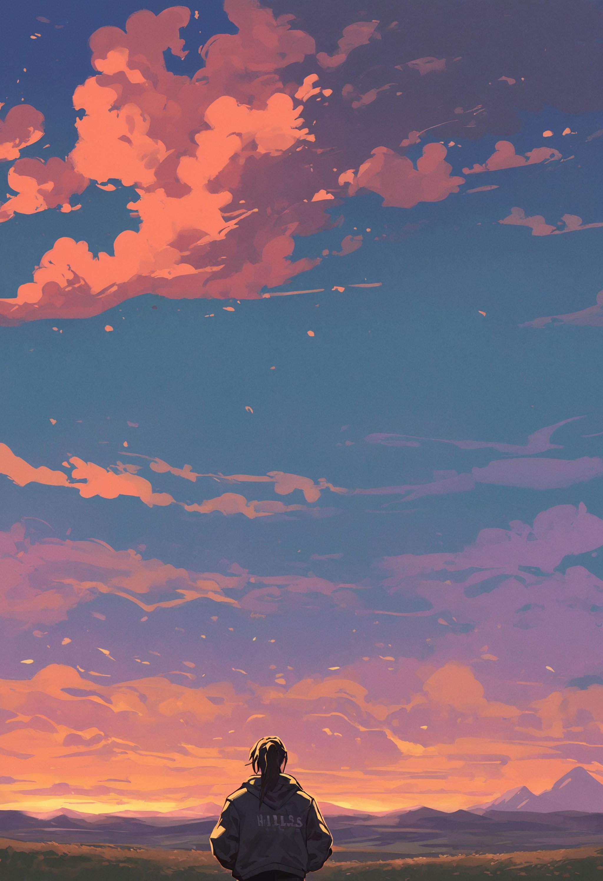 score_9, score_8_up, score_7_up, 1girl, worn out jacket, ponytail, hills, overgrown, clouds, sunset, scenery,  <lora:ScenicHorizonsV2:1>