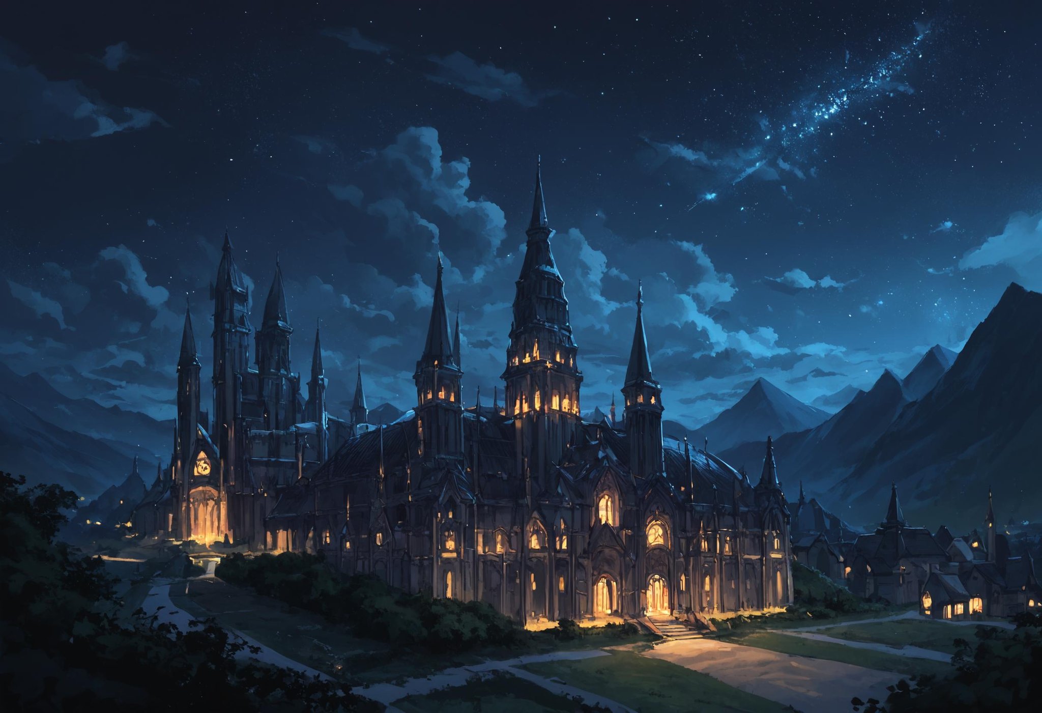 score_9, score_8_up, score_7_up, at night, starry sky, cloud, cloudy sky, night, high contrast, landscape, modern architecture, (gothic cathedral, gothic architecture:1.2), mountains, brutalist architecture, european architecture, european, <lora:ScenicHorizonsV2:0.6>