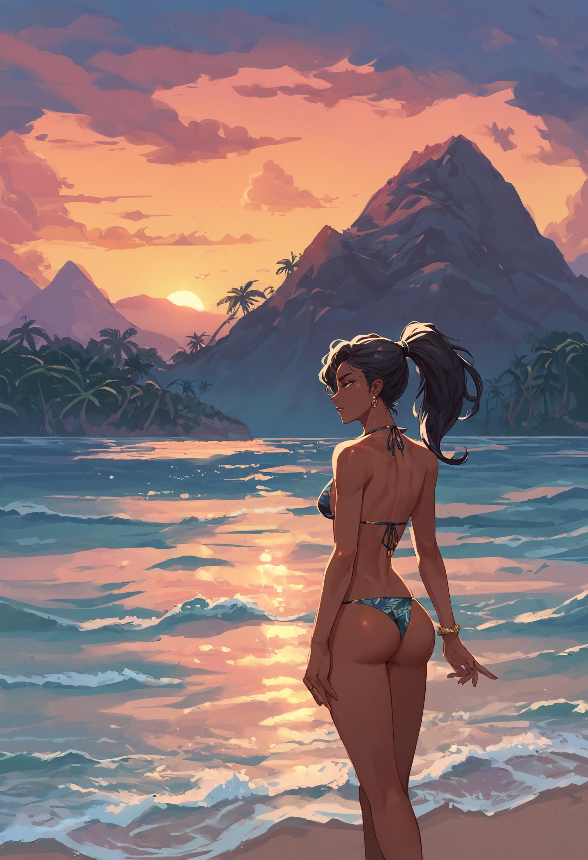 score_9, score_8_up, score_7_up, (1girl, bikini, dark-skinned female, ponytail:1.4), ocean, sea, (tropical island:1.3), overgrown, clouds, sunset, scenery, mountain, <lora:ScenicHorizonsV2:0.9>, sc3nery, 