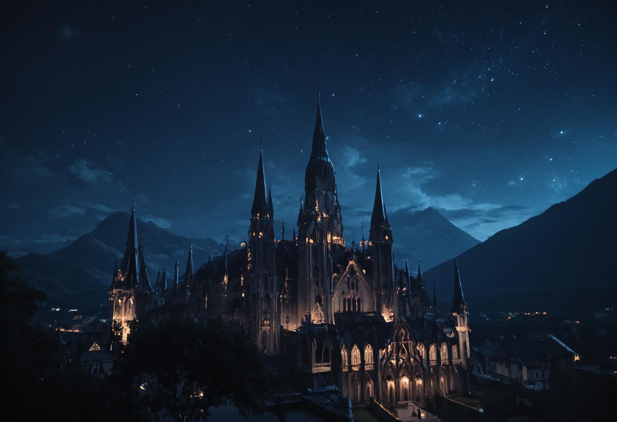 score_9, score_8_up, score_7_up, at night, starry sky, cloud, cloudy sky, night, high contrast, landscape, modern architecture, (gothic cathedral, gothic architecture:1.2), mountains, brutalist architecture, european architecture, european, <lora:ScenicHorizonsV2:0.6>