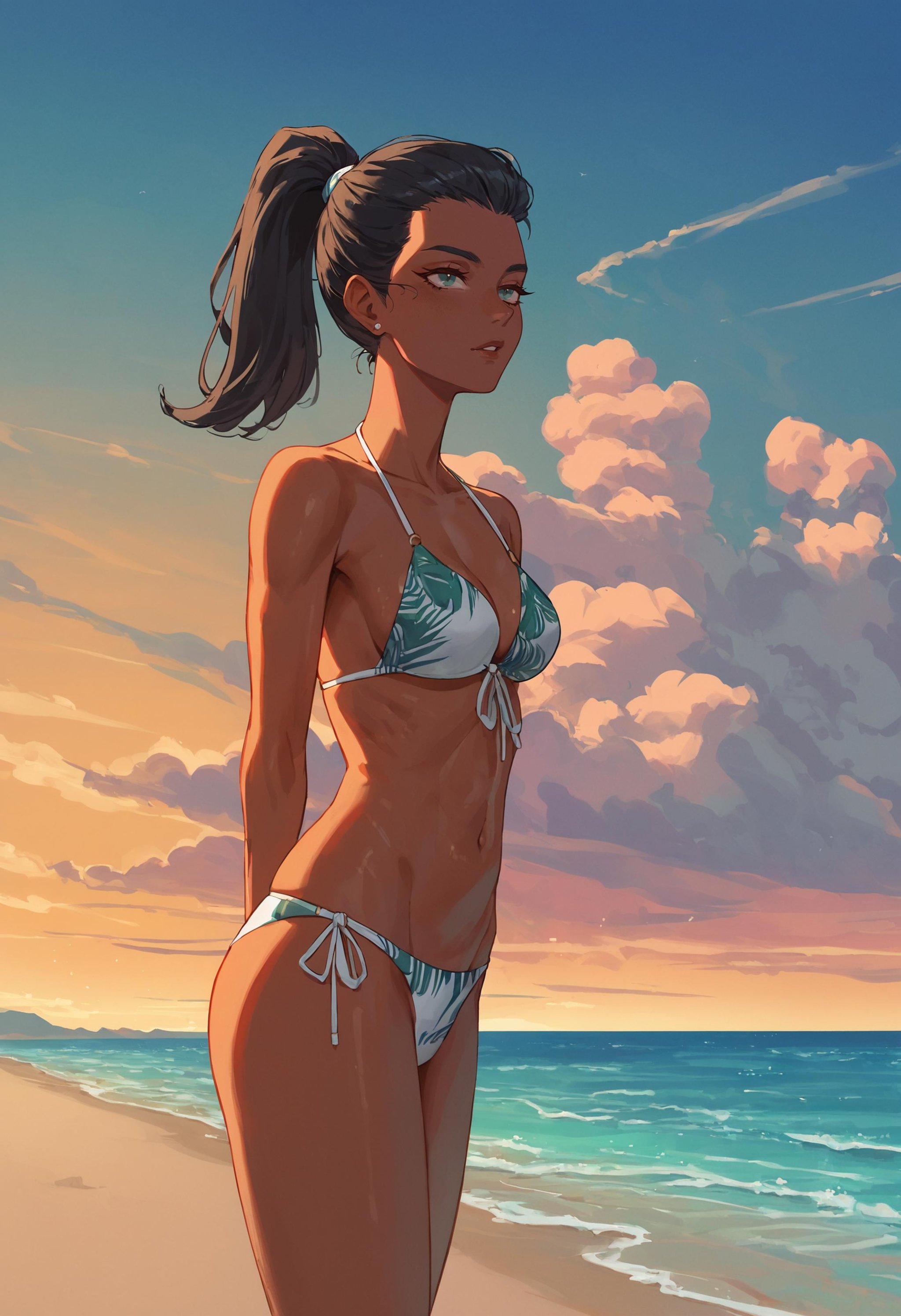 score_9, score_8_up, score_7_up, (1girl, bikini, dark-skinned female, ponytail:1.4), ocean, sea, (tropical island:1.3), overgrown, clouds, sunset, scenery, mountain, <lora:ScenicHorizonsV2:0.9>, sc3nery, 