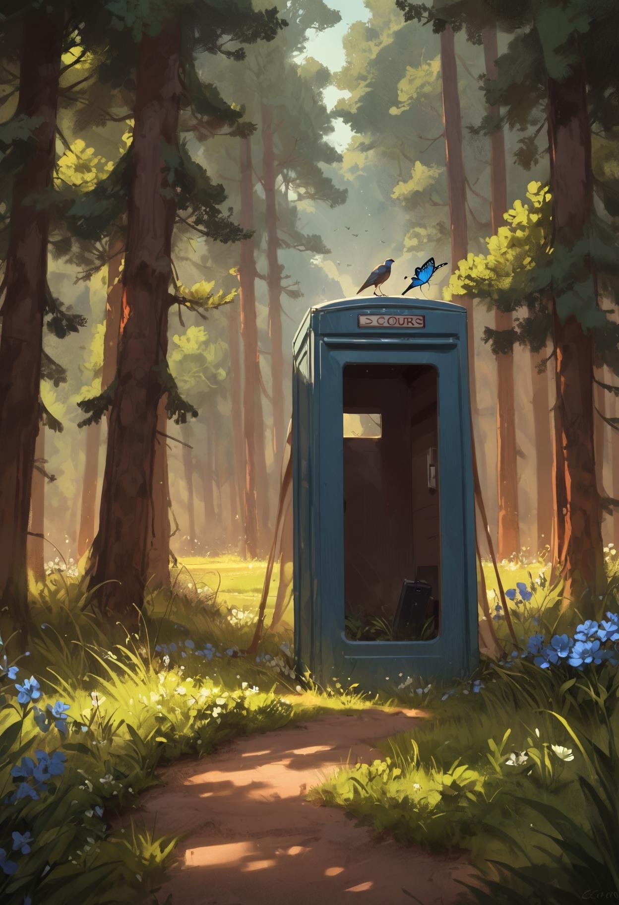 score_9, score_8_up, score_7_up, score_6_up, score_5_up, score_4_up,<lora:ScenicHorizonsV3.1:1> sc3n1ch0r1s0ns,phone booth, flower, sky, day, tree, bird, animal, sunlight, grass, bug, butterfly, scenery, nature, blue flower, forest,