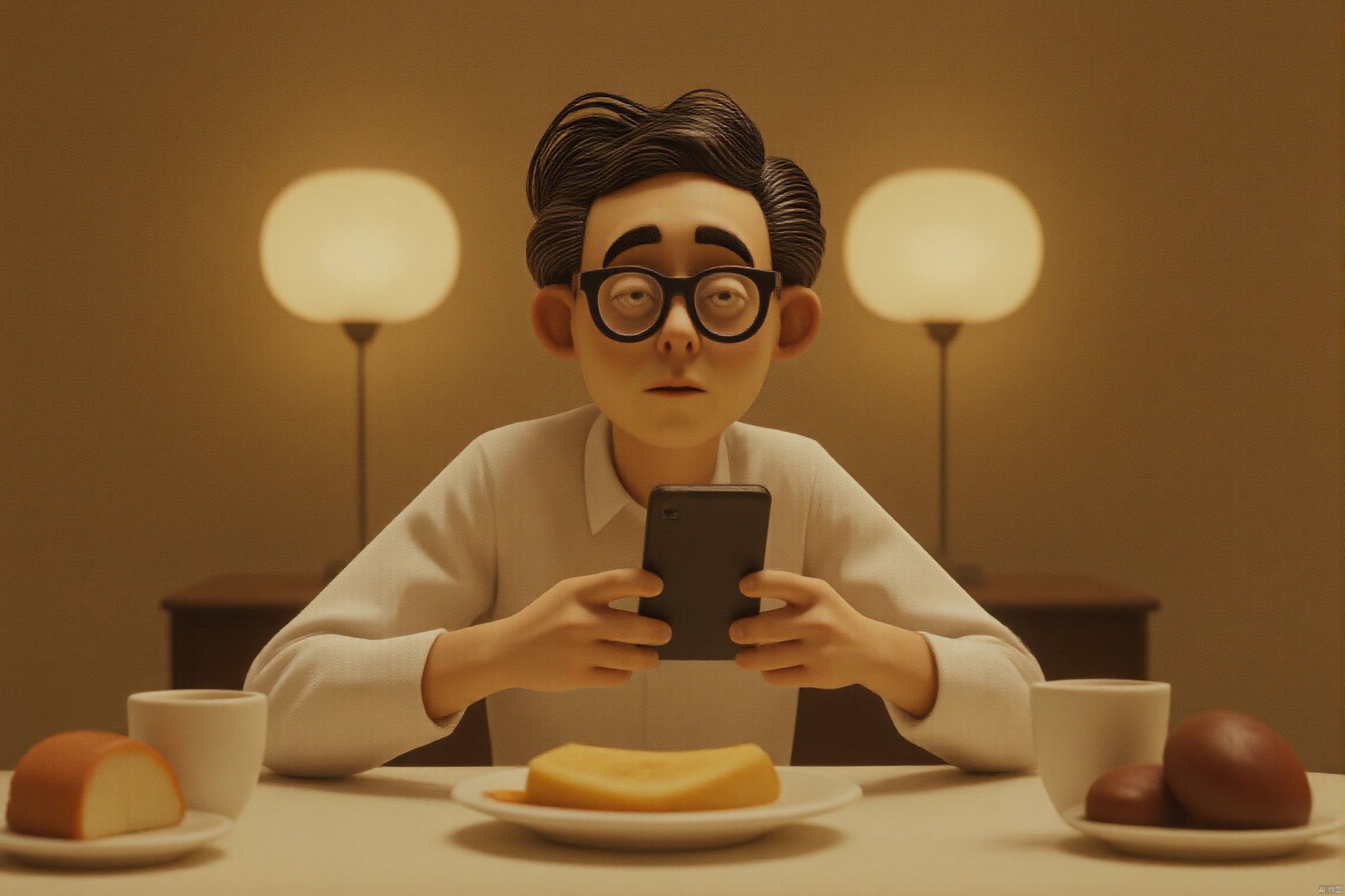 A man with glasses is sitting at the dinner table playing with his mobile phone. It's handmade. A retro movie