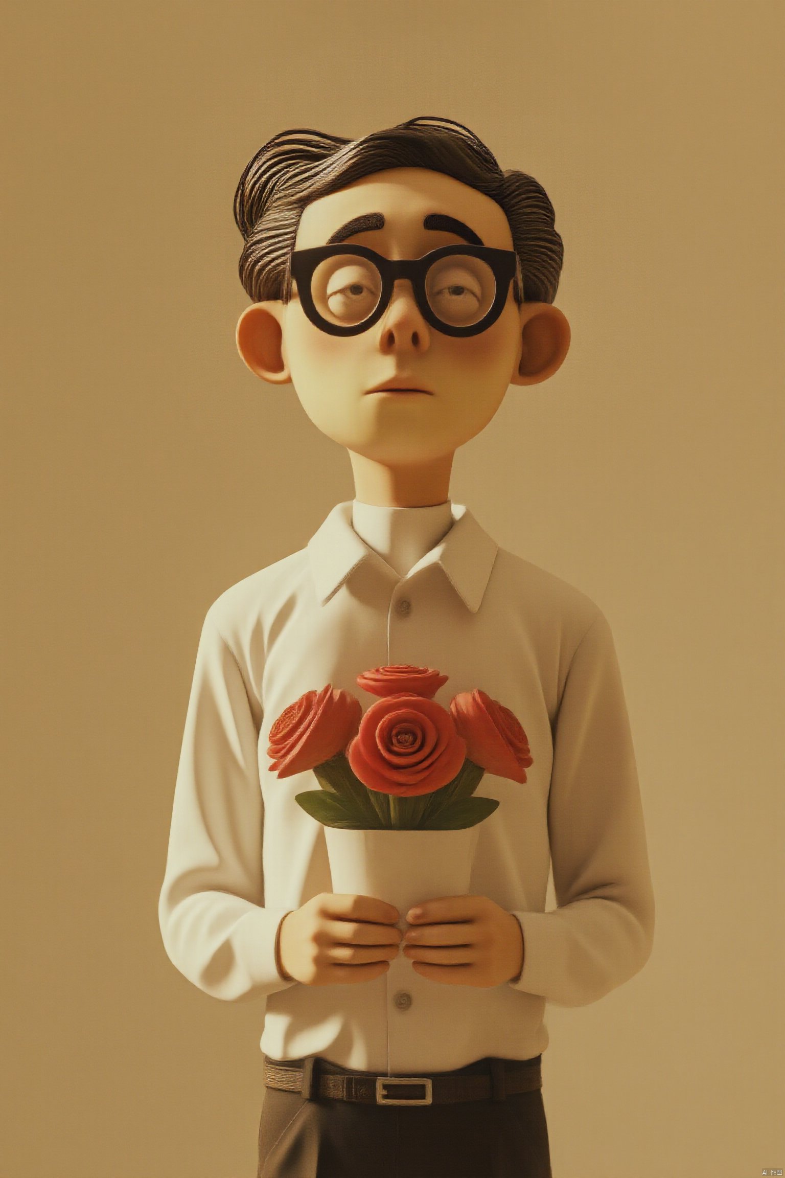 A man with glasses holds a pot of red flowers. It's handmade. A retro movie