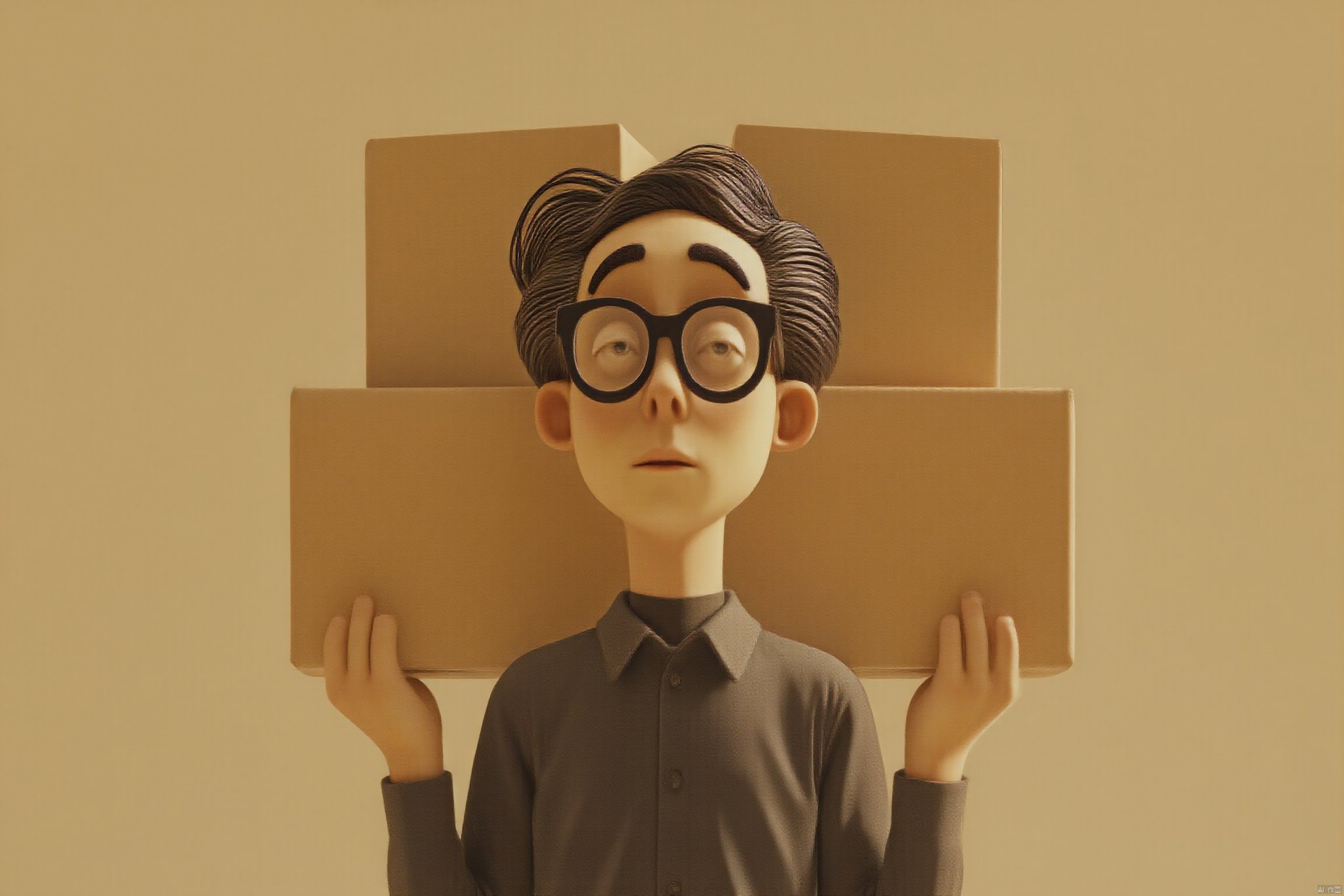 A man in glasses, carrying a lot of delivery boxes, It's handmade. A retro movie