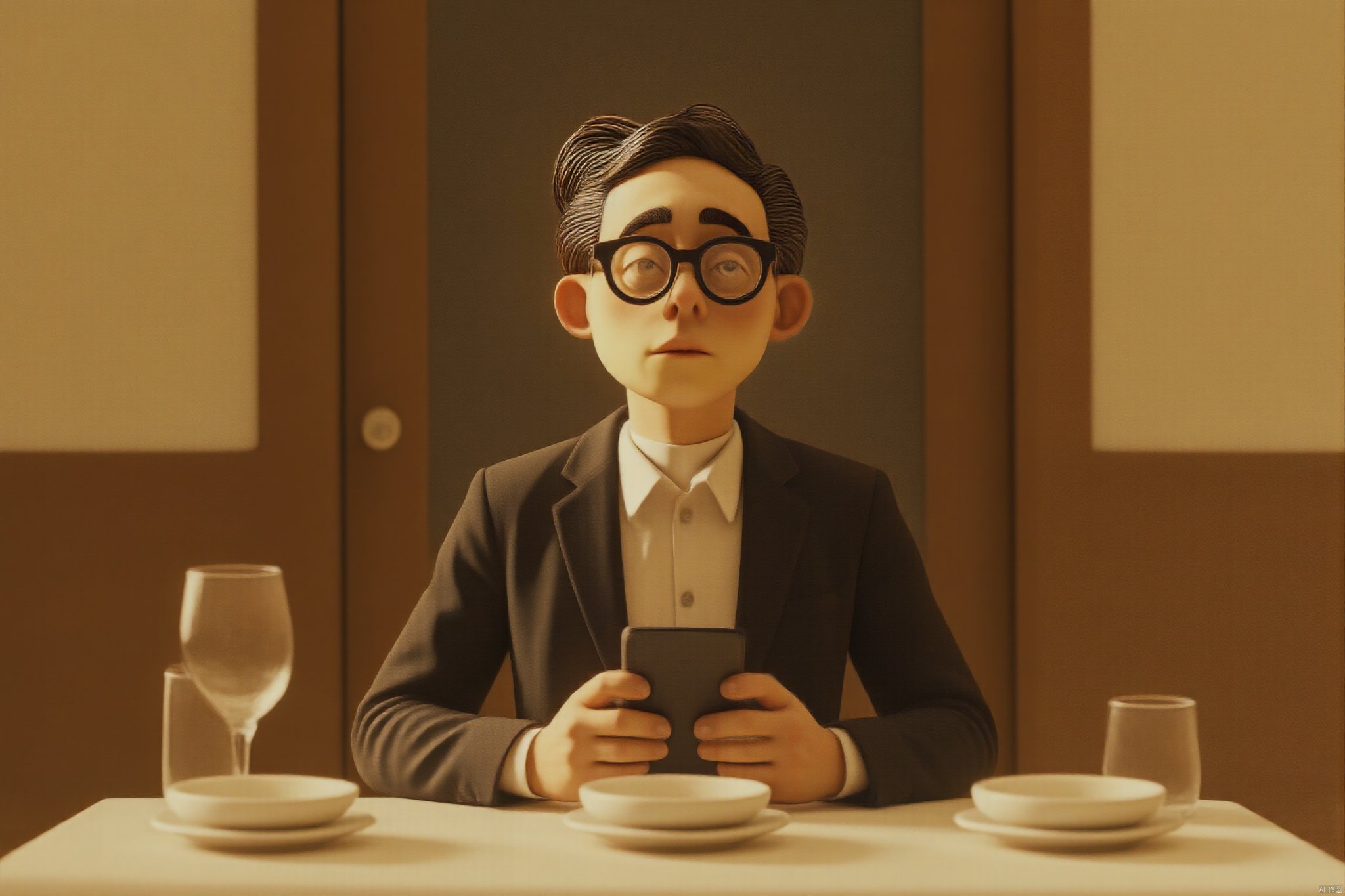 A man with glasses is sitting at the dinner table playing with his mobile phone. It's handmade. A retro movie