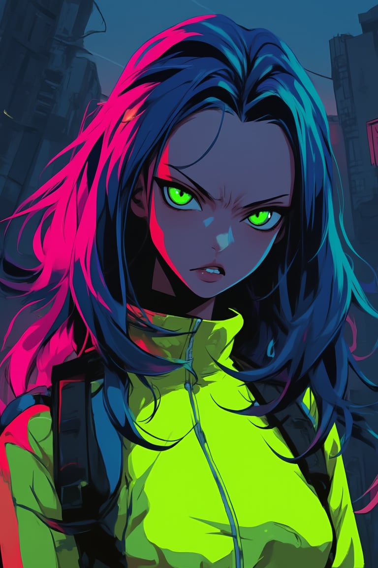 Close-up shot of a lone  anime girl with striking features against a dark, gritty cityscape. Her long, flowing hair is a mesmerizing blend of colors, including pink, blue, and purple hues. Her neon green eyes gleam with an air of sadistic intensity as she directly confronts the viewer. She wears a bright yellow jumpsuit that contrasts starkly with the dull urban backdrop. The girl's expression is a perfect blend of sass and menace, her gaze piercing and unapologetic.