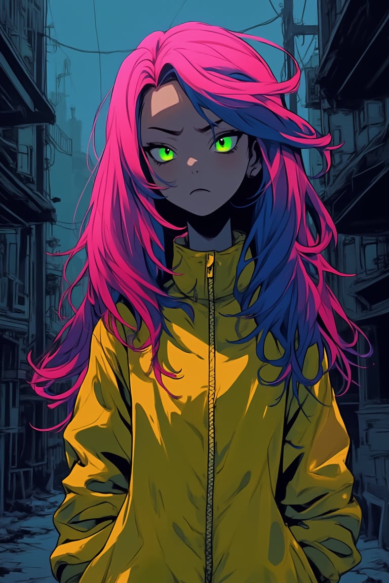 Close-up shot of a lone  anime girl with striking features against a dark, gritty cityscape. Her long, flowing hair is a mesmerizing blend of colors, including pink, blue, and purple hues. Her neon green eyes gleam with an air of sadistic intensity as she directly confronts the viewer. She wears a bright yellow jumpsuit that contrasts starkly with the dull urban backdrop. The girl's expression is a perfect blend of sass and menace, her gaze piercing and unapologetic.