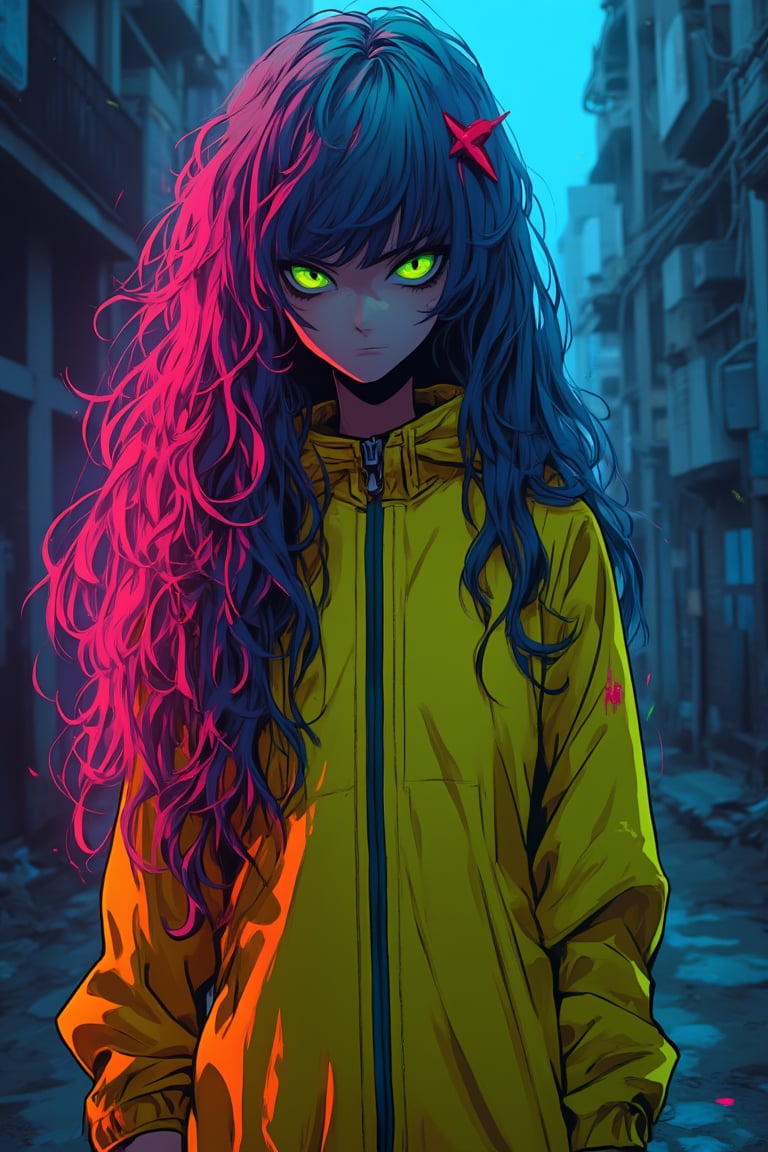 Close-up shot of a lone  anime girl with striking features against a dark, gritty cityscape. Her long, flowing hair is a mesmerizing blend of colors, including pink, blue, and purple hues. Her neon green eyes gleam with an air of sadistic intensity as she directly confronts the viewer. She wears a bright yellow jumpsuit that contrasts starkly with the dull urban backdrop. The girl's expression is a perfect blend of sass and menace, her gaze piercing and unapologetic.