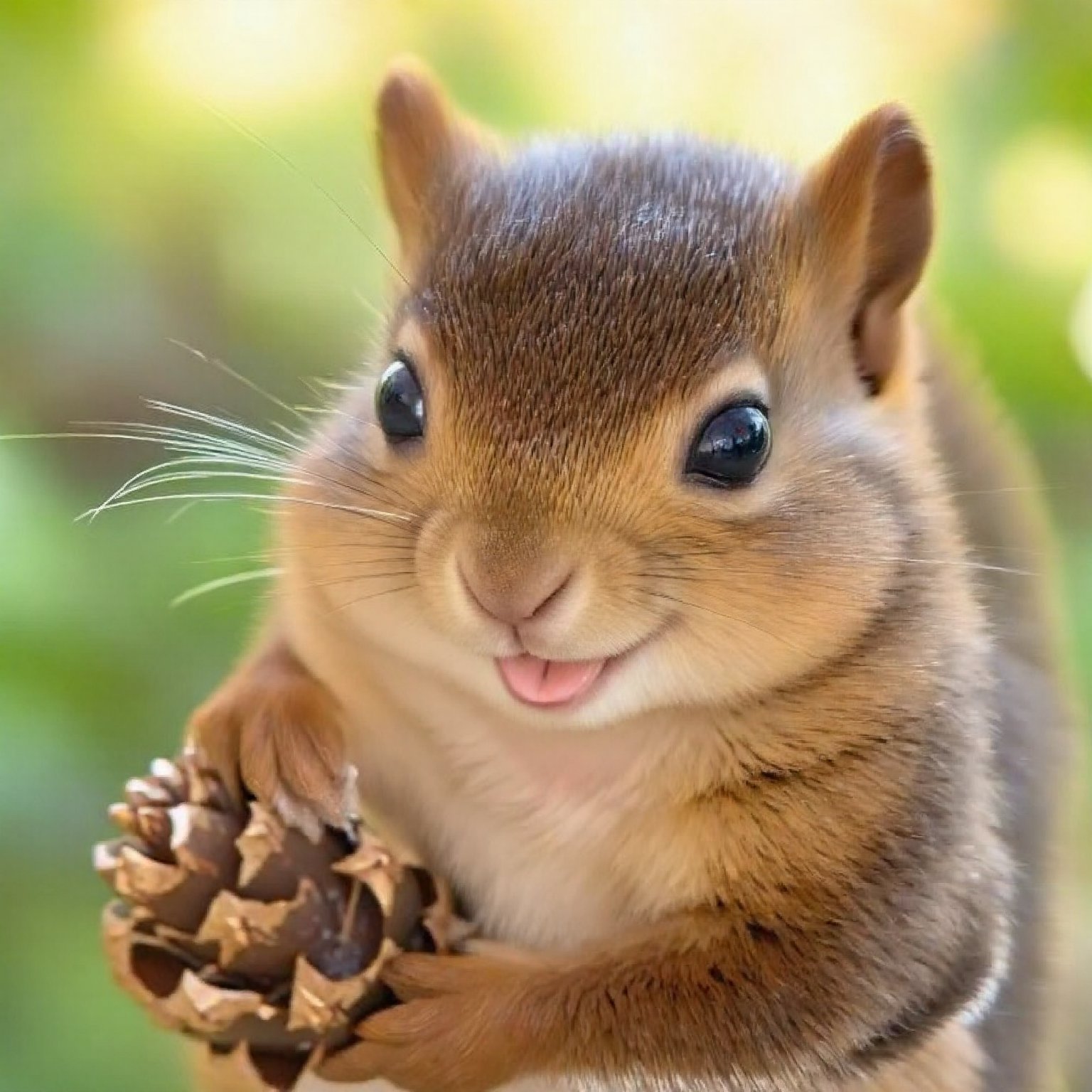 A little squirrel carried home with a pinecone with a cheerful expression 