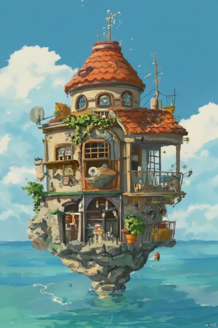 The image showcases a whimsical and intricately designed house that appears to be floating above the water. The house has multiple levels, with a prominent red-tiled roof, multiple windows, and various decorative elements. There are antennas, a satellite dish, and other technological devices attached to the house. The house is surrounded by a deck with seating, plants, and a table. Below the house, there's a large rock formation that supports the house. The backdrop is a serene blue sky with fluffy white clouds.