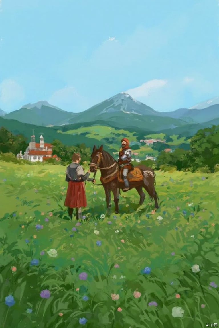  A full-length portrait illustration, in the style of Gensin-Shock, shows a short-haired medieval knight in armor standing next to his horse in a lush meadow surrounded by flowers. The background is blue sky, mountains, trees and a small village.