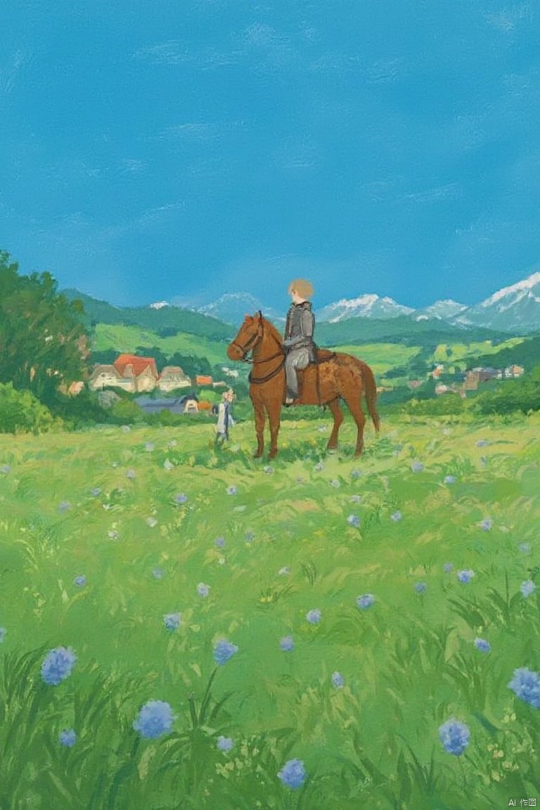  A full-length portrait illustration, in the style of Gensin-Shock, shows a short-haired medieval knight in armor standing next to his horse in a lush meadow surrounded by flowers. The background is blue sky, mountains, trees and a small village.